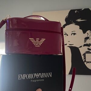 Emporio Armani Glossy Magenta Patent Cosmetic Case with Gold Logo with straps